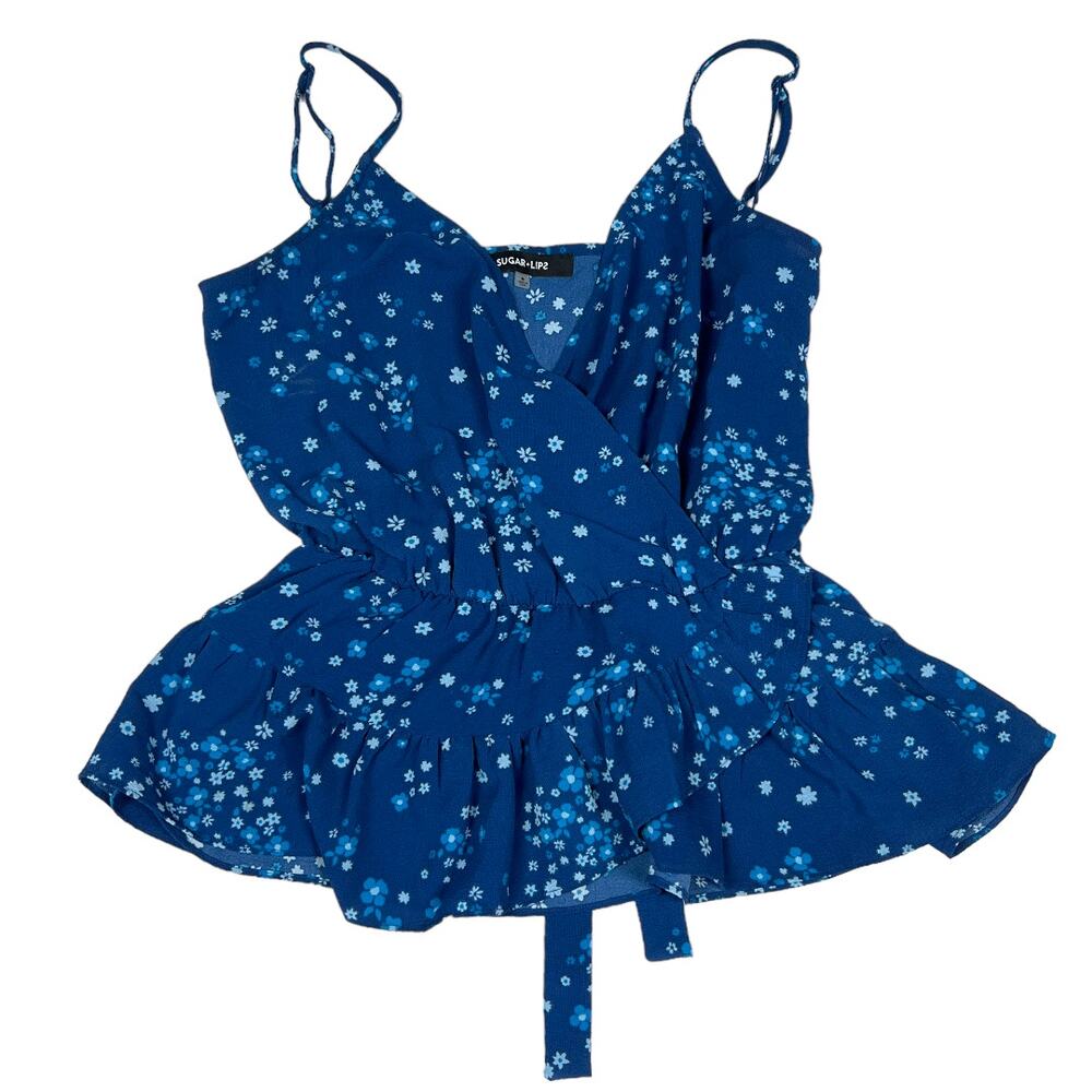 Sugar + Lips Blouse Floral Print Faux Wrap Surplice Tank Top Blue Women's M‎